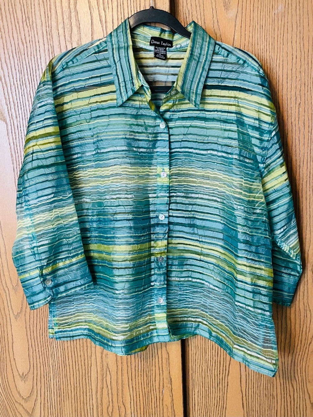 DANA TAYLOR XL SHEER BUTTON SHIRT AQUA GREEN & YELLOW STRIPED 3/4 SLEEVES